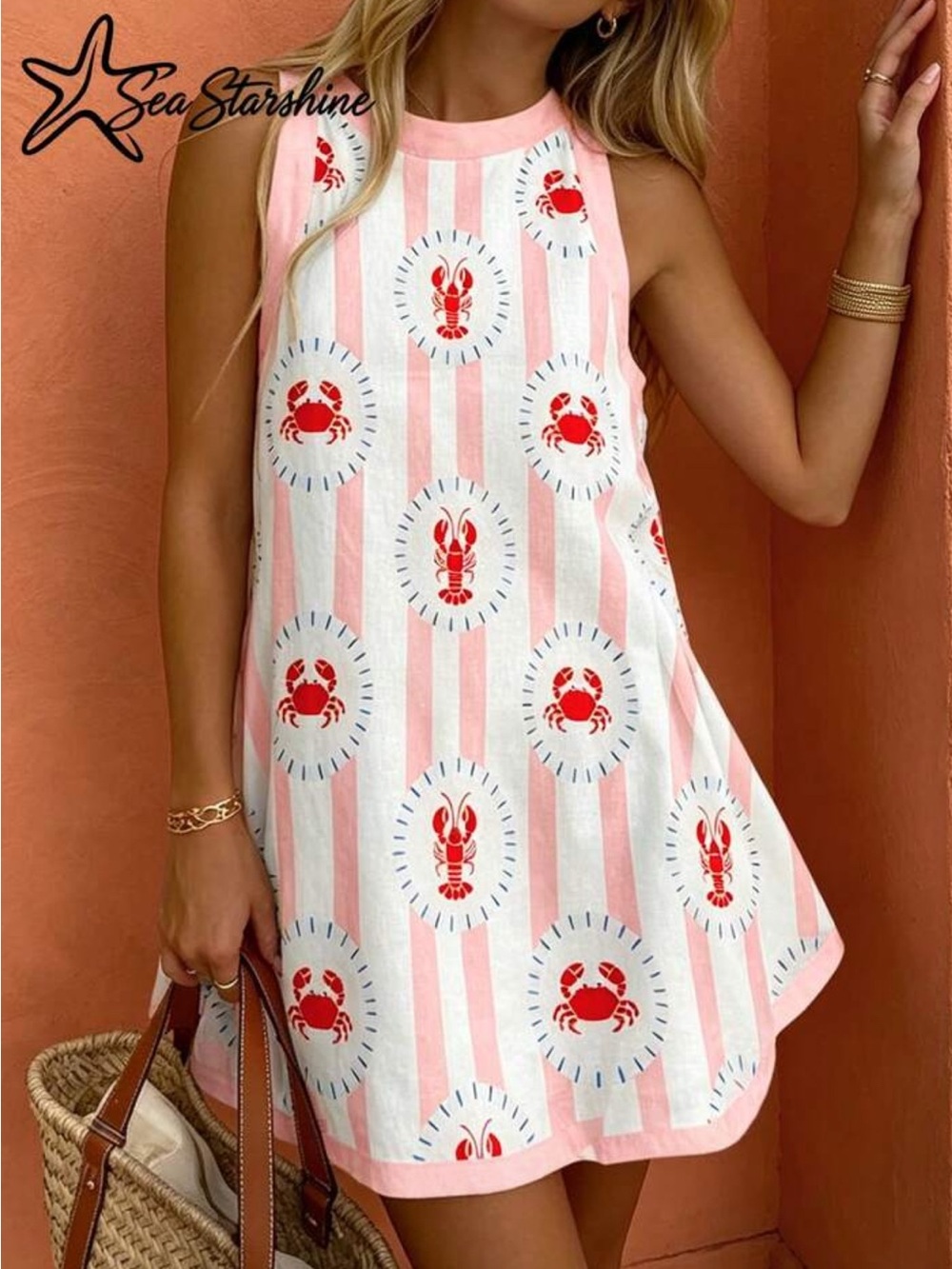 Pink & White Striped Lobster Print Mini Dress